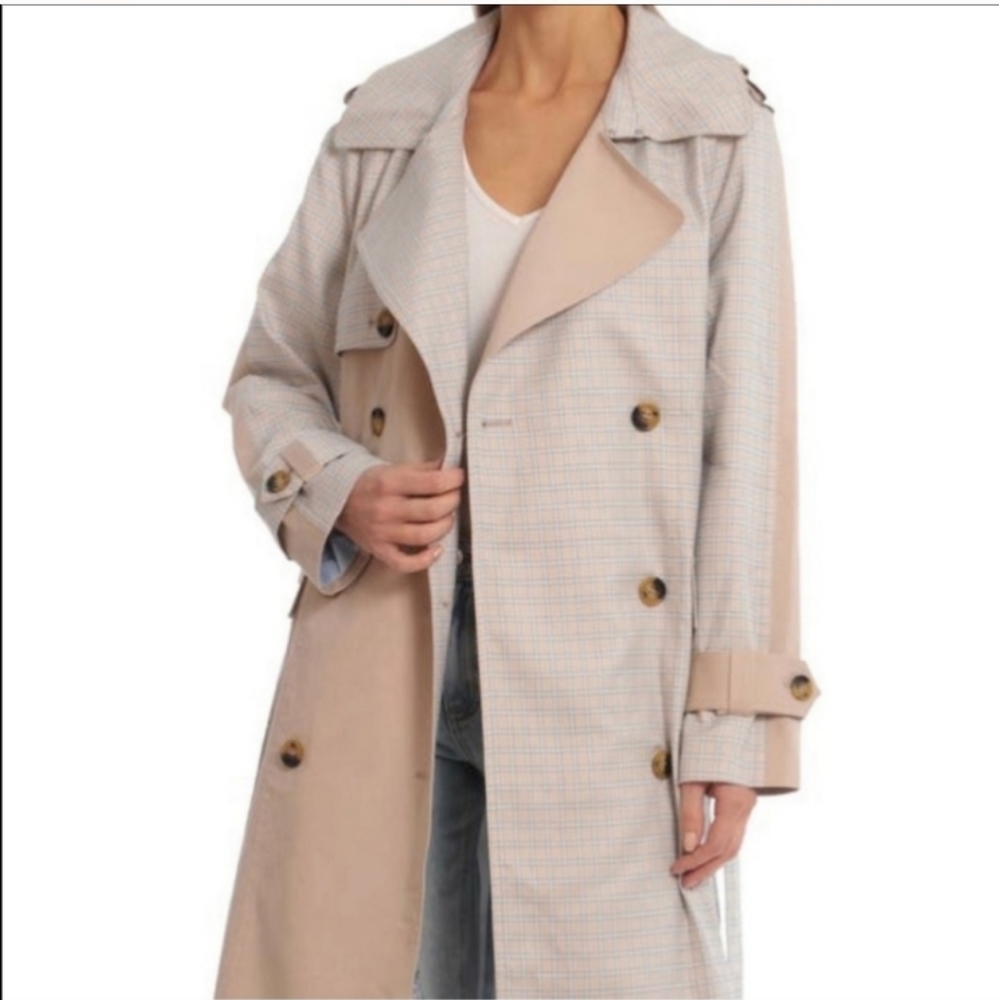 NWT AVEC LES FILLES Women's Mixed Media Plaid Cotton Trench Coat L - Picture 6 of 12